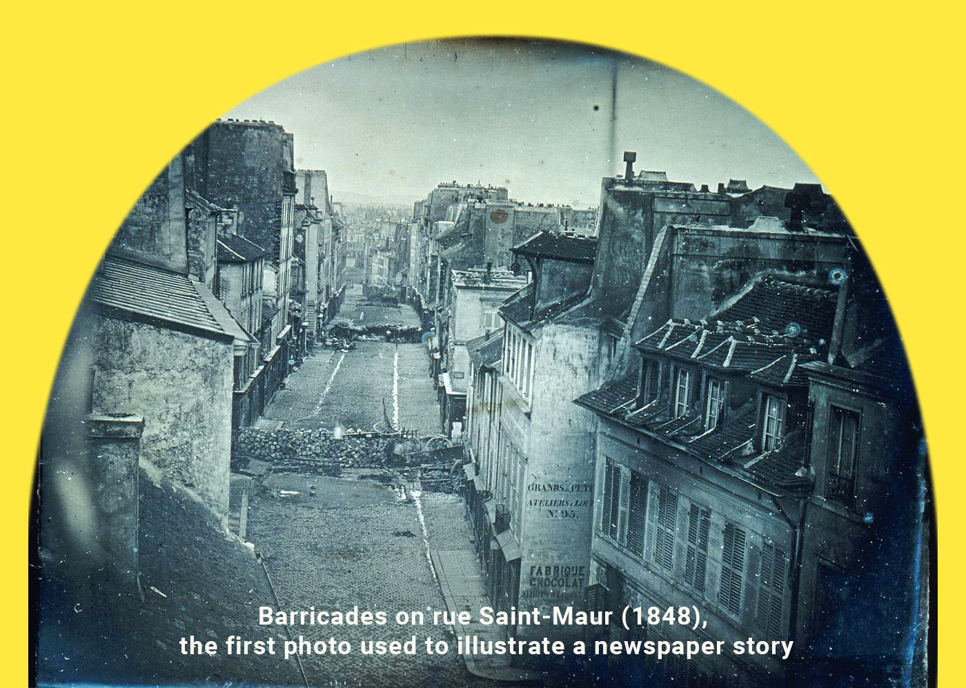 Barricades on rue Saint-Maur (1848), the first photo used to illustrate a newspaper story